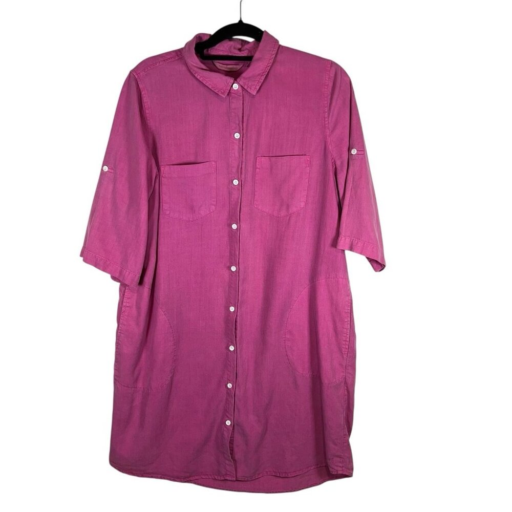 SOFT SURROUNDINGS Large Pink Tencel Dress Pockets Button Up Boho Casual Collared